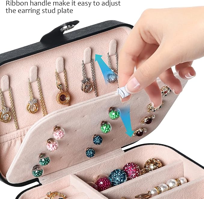 Hatori Travel Jewelry Box, PU Leather Small Jewelry Organizer for Women Girls, Portable Mini Travel Case Display Storage Holder Boxes for Stud Earrings, Rings, Necklaces, Bracelets (Black Beige) - Image 5