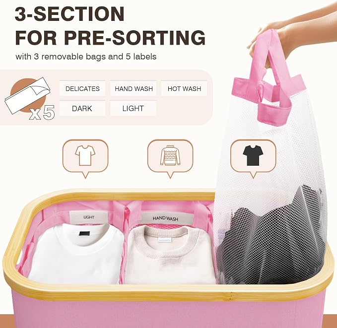 Hampers for Laundry Basket with Lid, 145L Extra Large 3 Section Clothes Divided Organizer for Bedroom, Laundry Room, Dirty Clothing Hamper, Pink - Image 3