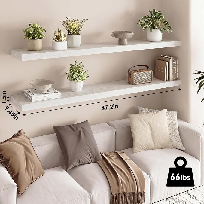 Fixwal Floating Shelves for Wall, 47" Long Heavy Duty Wall Mounted Rustic Wood Shelves for Living Room, Bedroom, Bathroom and Kitchen, for Storage, Books, Room Decor (White, Set of 2) - Image 3