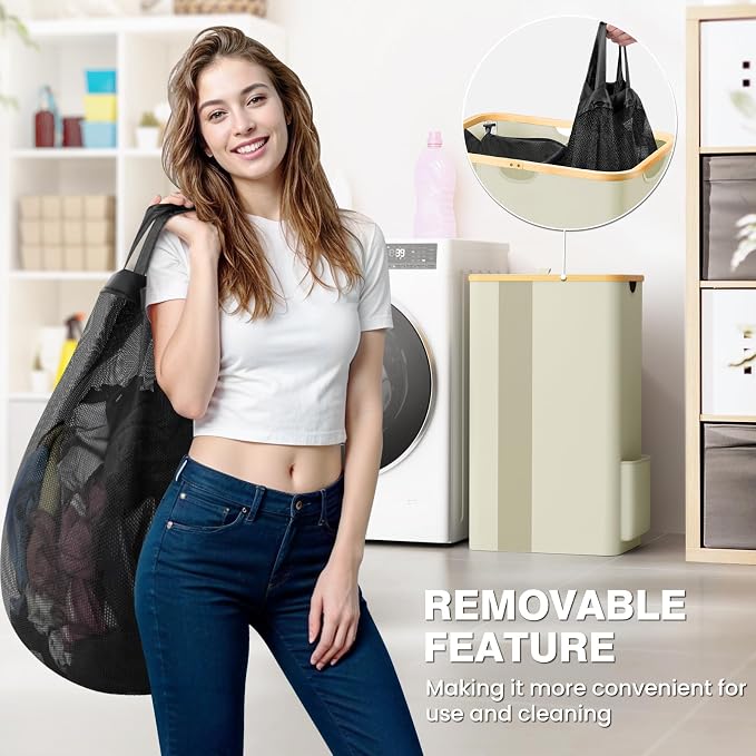 BlissTotes Laundry Basket with Lid, 100L Clothes Laundry Hamper with Handles and Removable Laundry Bag, Breathable Design Hamper with Lid for Bedroom, Bathroom, Dorm, Laundry Room - Beige - Image 2
