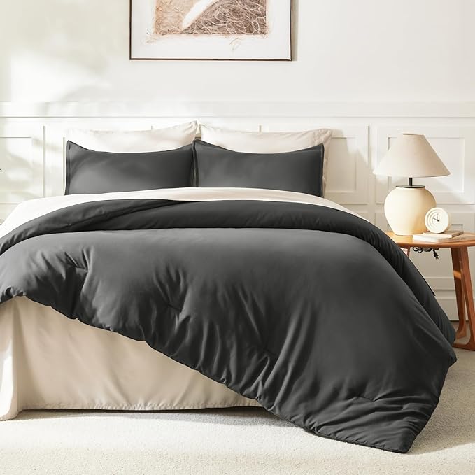 Litanika Dark Grey Comforter Set California King Size, 3 Pieces Cal King Gray Lightweight Plain Bedding Comforter Set, Oversized All Season Fluffy Bed Set (104x96In Comforter & 2 Pillowcases)