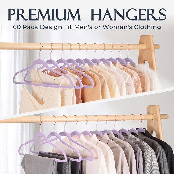 HOUSE DAY Lt-Purple Velvet Hangers 20 Pack, Premium Non-Slip Felt Clothes, Sturdy Heavy Duty Coat, Durable Hangers for Suits, Space Saving with No Hanger Mark, 360° Swivel Rotating Rose Gold Hook - Image 8