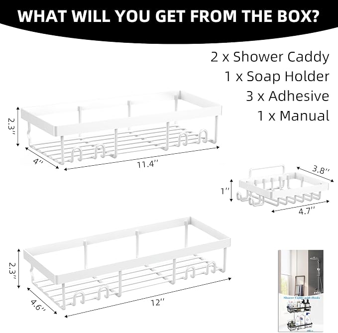 Moforoco 3-Pack Shower Caddy Basket Shelf with Soap Holder, No Drilling Traceless Adhesive Shower Wall Shelves, Rustproof White Bathroom Shower Storage Organizer - Image 9