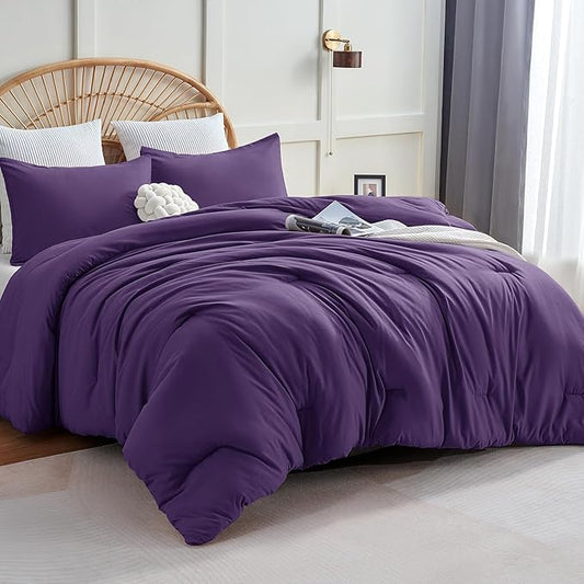 CozyLux Full Size Comforter Set Purple, 3 Pieces Solid Breathable Quilted Bedding Sets, Luxury Lightweight Soft Bed Set with Down Alternative Comforter and 2 Pillowcases for All Seasons