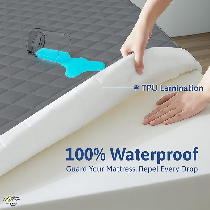 Cottington Lane 400 GSM Full Size Waterproof Quilted Mattress Pad Protector, Soft Microfiber Mattress Topper Cover with TPU Backing, Deep Pocket Fits up to 21 Inch Mattresses, Dark Grey