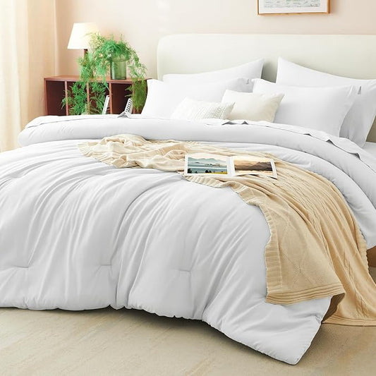 CozyLux King Size Comforter Set White, 7 Pieces Bed in a Bag King Comforter Set with Sheets, Luxury Soft Bedding Sets with Down Alternative Comforter, Fitted Sheet, Flat Sheet, Pillowcases & Shams