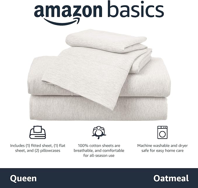 Amazon Basics 4-Piece Soft, Breathable 100% Cotton Jersey Knit Bed Sheet Set with Deep Pockets, Includes Flat and Fitted Sheets, Pillowcase, Queen, Oatmeal, Solid