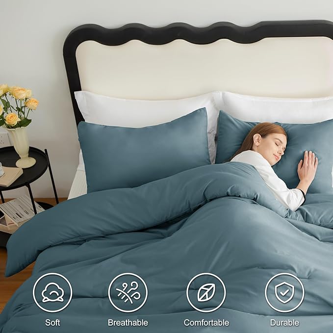 CozyLux Queen Comforter Set Mineral Blue, 3 Pieces Solid Comforters Queen Size Breathable Bedding Sets, Luxury Soft Lightweight Bed Set with Down Alternative Comforter and 2 Pillowcases All Seasons