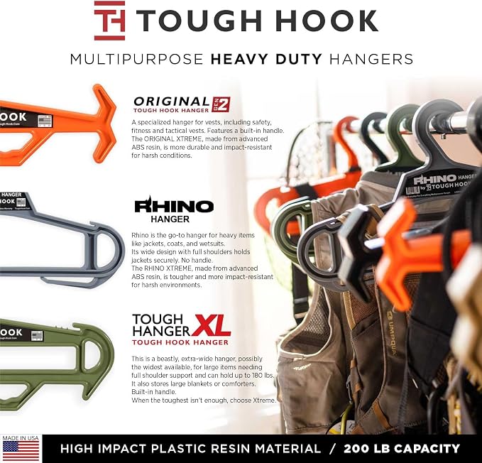 Tough Hook Original Xtreme Heavy Duty Hanger - The Superhero of Hangers USA-Made 200lb Capacity - Anti-Slip Design for Police Body Armor, Scuba BCD & Wetsuits - Durable ABS DuraResin, 1 Pack Black - Image 7