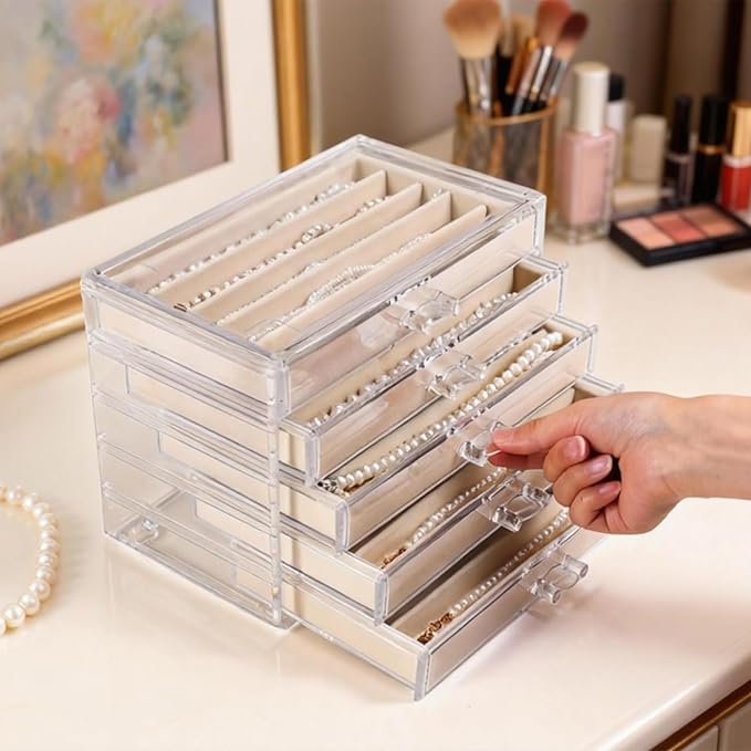 5 Drawers Necklace Organizer Storage, Tray with Clear Lid, Dustproof Velvet Necklaces Holder Storage Display Case, Necklace Tray Drawer Insert for Pendant Suitable for Women and Girls (25 grids) - Image 9