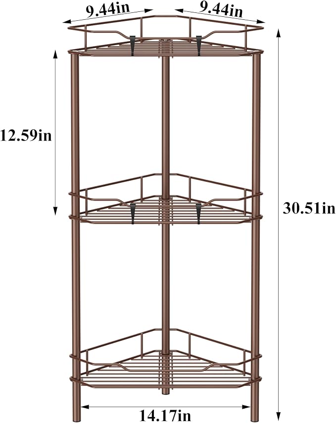 HuggieGems 3 Tier Floor Standing Corner Shower Caddy Organizer Shelf with Hooks, Bathroom Shelves Stand Rack, Coffee - Image 7
