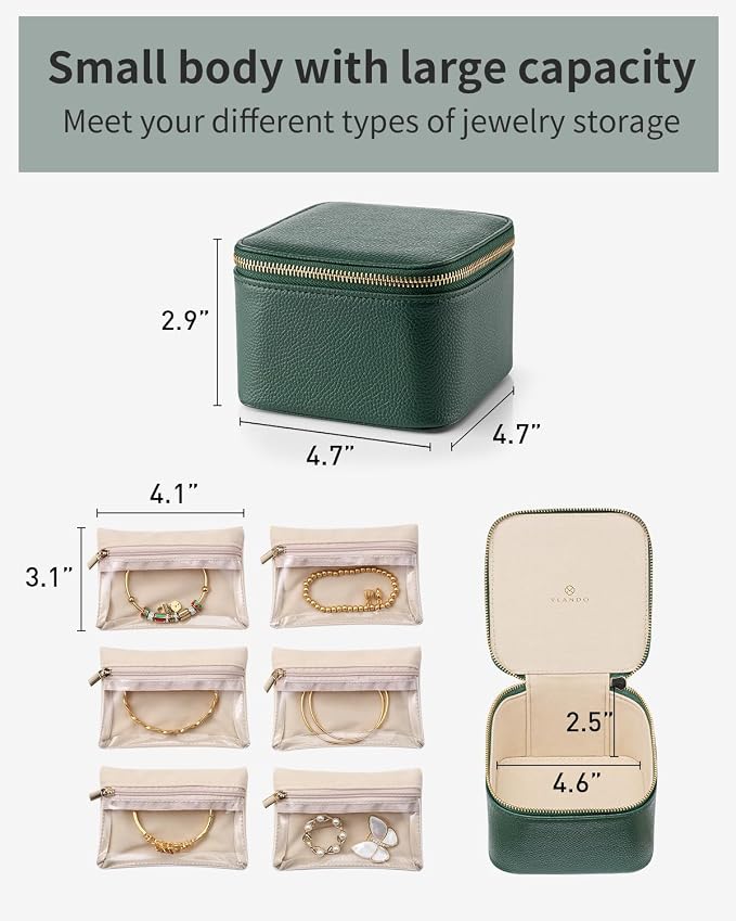 VLANDO Jewelry Travel Case,Travel Jewelry Organizer with Clear Velvet Jewelry Bags 6Pcs Zipper Pouch for Women Girl Christmas Wedding Gift-Green - Image 2