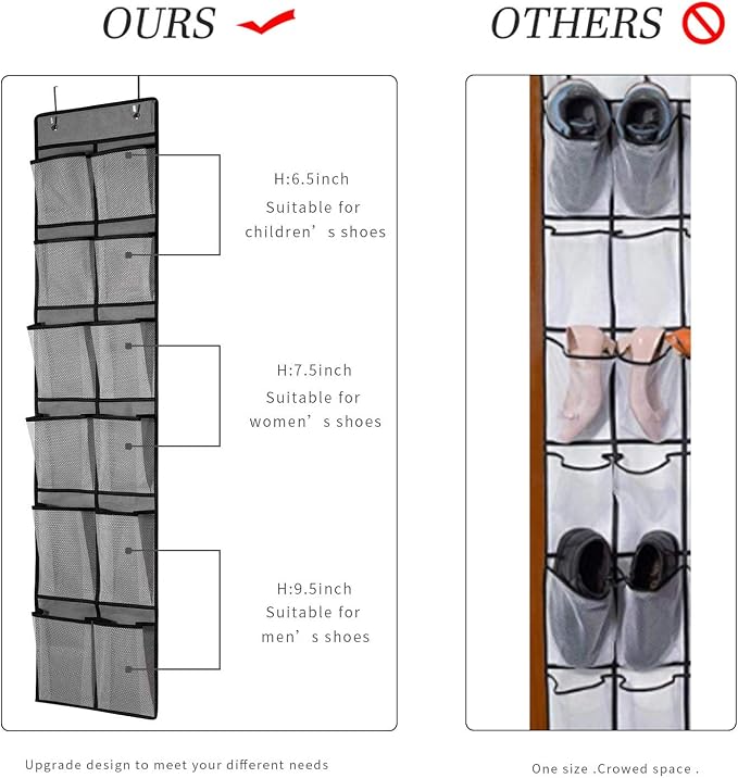 KEEPJOY Over The Door Shoe Organizer 2 Pack,Mesh Pockets Hanging Shoe Rack Over The Door,Shoe Storage Closet with 4 Hooks,Washable and Breathable Fabic,Large Size 57.5×12.6inch(Grey) - Image 2