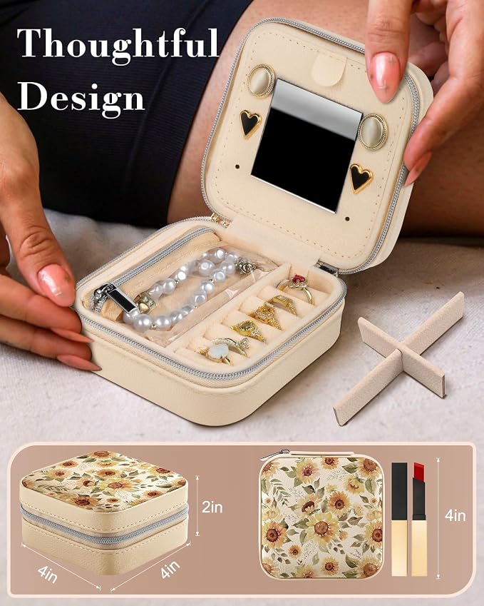 Bistup Travel Jewelry Case - Small Jewelry Organizers and Storage Box for Women Girls Teens Cute Traveling Jewelry Holder with Mirror Little Tiny Compact Modern Unique Aesthetic Pretty, Sunflower - Image 2