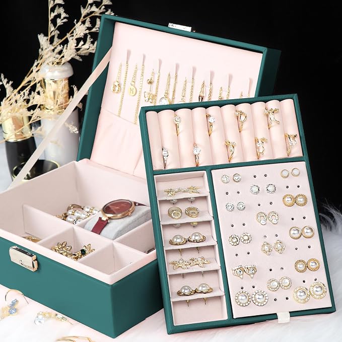 Jewelry Box for Women Girls, 2 Layers Jewelry Organizer Container with Lock, PU Leather Storage Case with Removable Tray, Jewelry Display Box for Necklaces Earrings Bracelets Rings Watches (Green) - Image 6