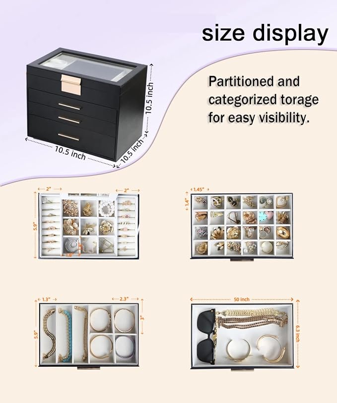 BOOVO Jewelry Boxes for Women, White and Black 6 Layer Large Jewelry Box for Necklace, Bracelet, Earrings, Rings Storage, Jewelry holder Organizer for Girls Gift (Clear Black, 4 layer) - Image 4