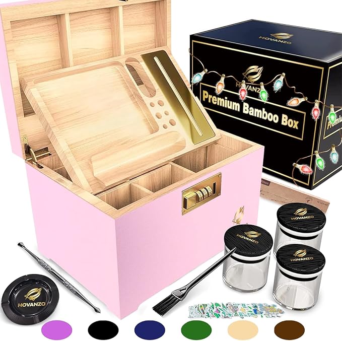 HOVANZO Premium Large Bamboo Storage Box with Removable Tray - Storage Wood Box for Herbs and Accessories - Storage Box Set with Combination Lock - Smell Proof Container with Accessories by hovanzo