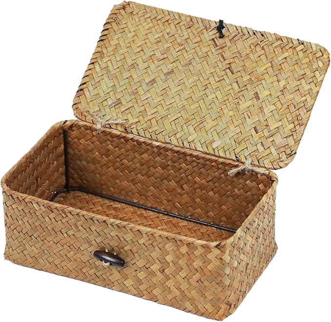 Wicker Storage Basket with Lid, Natural Seagrass Storage Baskets for Organizing, Rectangular Woven Basket for Storage, Decorative Boxes Bins with Lids Home Organizer Decor by ORDELITE