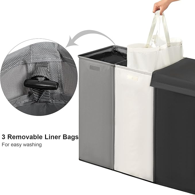 WOWLIVE 230L Laundry Baseket with Lid and Removable Laundry Bags,Large Laundry Hamper 3 Section Collapsible Dirty Clothes Hamper with Handles for Laundry Room,College Dorm,Bathroom - Image 5