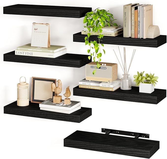 Fixwal Black Shelves, 15.8in Floating Shelves, Farmhouse Shelf Wall Decor for Bathroom, Bedroom, Living and Kitchen Set of 6 by Fixwal