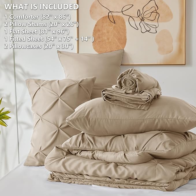 CozyLux Full Size Comforter Sets Taupe, 7 Pieces Pintuck Bed in A Bag Taupe Comforter Full Size, Pinch Pleat Bedding Sets with All Season Comforter, Sheets, Pillowcases & Shams