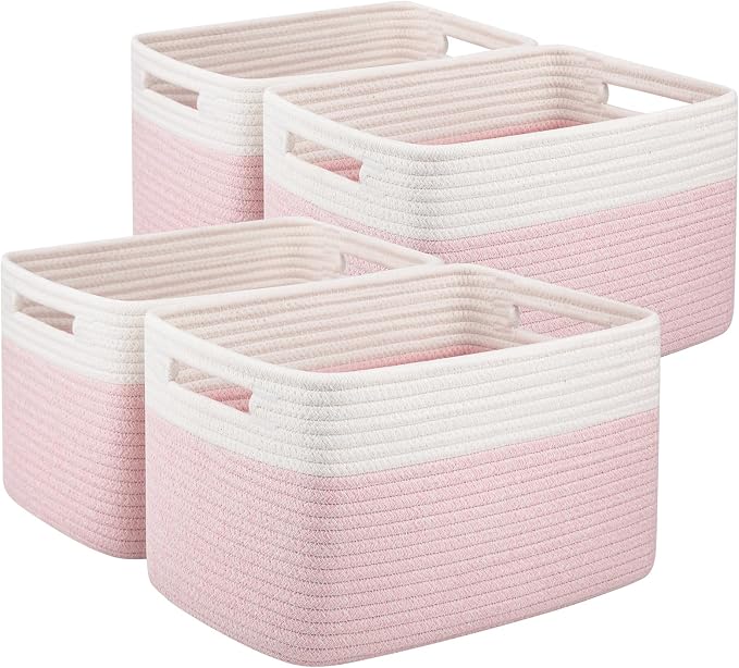OIAHOMY 4 Pack Storage Baskets for Organizing, Basket for Shelves with Handle, Woven Baskets for Storage Toys, Towels, Books, Cotton Rope Basket 13" L x 9 " W x 7.8 " H, Pink & White by MasterofSpaceOptimization