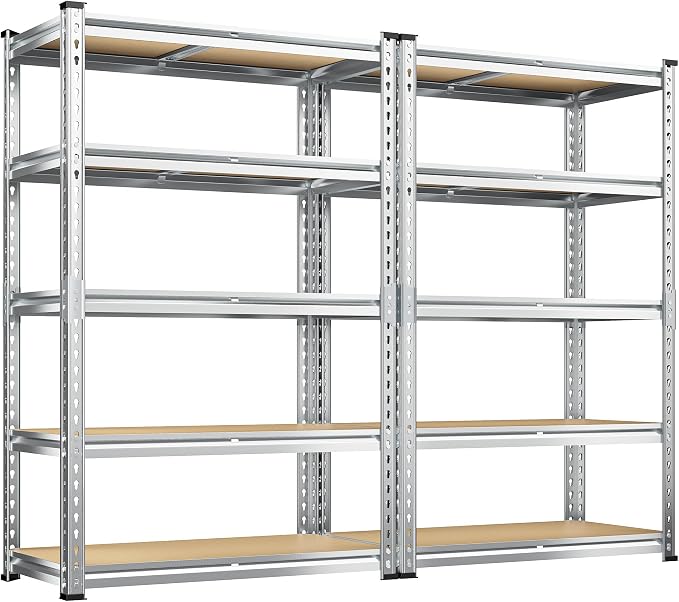 REIBII Garage Shelving, 5 Tier Storage Shelves Load 2400LBS, Adjustable Garage Shelving Heavy Duty, Metal Shelves Unit with Waterproof Columns, 35.5" W x 11.9" D x 72" H, Galvanized, 2 Pack by REIBII
