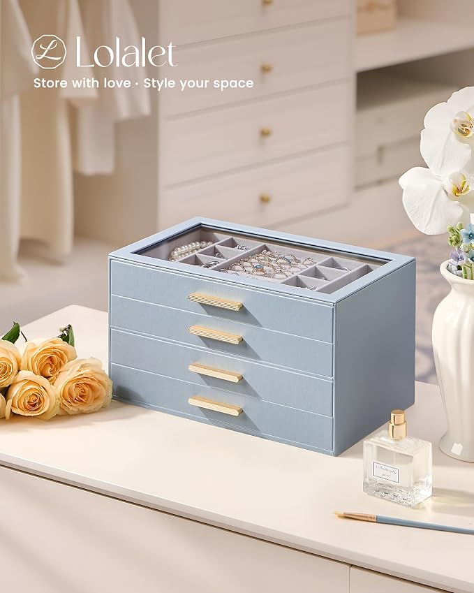 Lolalet Jewelry Box Organizer, 4-Layer Jewelry Organizers and Storage Case with Glass Lid, Ring Earring Bracelet Necklace Holder Organizer, Birthday Valentine Gifts for Women Girls -4Layer, HazeBlue - Image 4