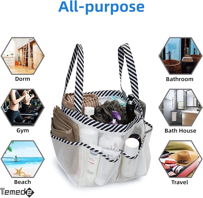 Temede Mesh Shower Caddy Portable for College Dorm Room Essentials, Large Capacity Shower Caddy Basket with 8 Pockets, Quick Dry Shower Tote Bag for Beach, Gym, Bathroom, Camp, Travel-White - Image 6