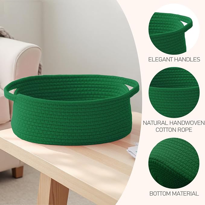 JMvicyroam Woven Basket,Small Rope Storage Bin with Handles & Ribbon Bag, Organizer for Shelves Closets,Gift Basket Empty for Birthday,Books,Dog Toys, Green/2 Pack - Image 3