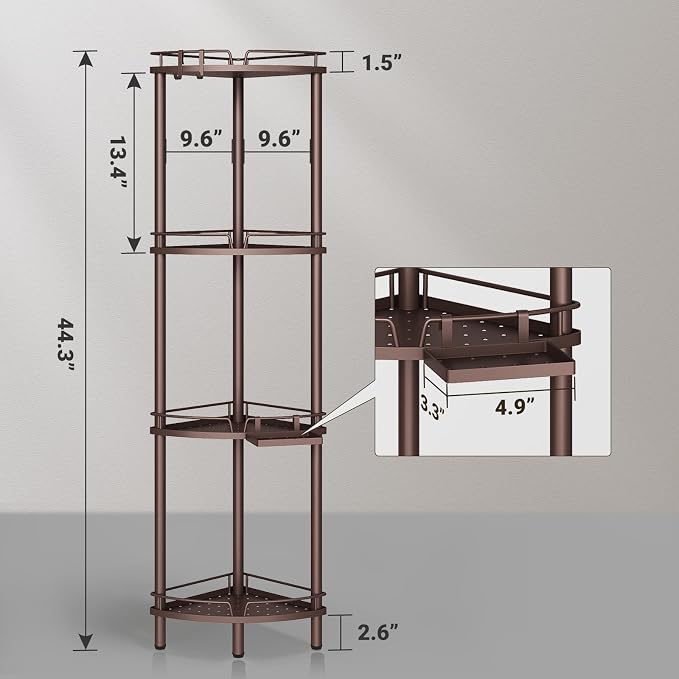 ELYKEN Corner Shower Caddy Standing, 4 Tier Rustproof Metal Shower Organizer with Soap Holder, Floor Shower Corner Shelf Rack Storage Stands with Adjustable Feet & 2 Hooks for Bathroom, Bronze - Image 2