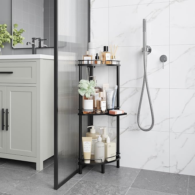 ELYKEN Corner Shower Caddy Standing, 3 Tier Rustproof Metal Shower Organizer with Soap Holder, Floor Shower Corner Shelf Rack Storage Stands with Adjustable Feet & 2 Hooks for Bathroom, Black - Image 9