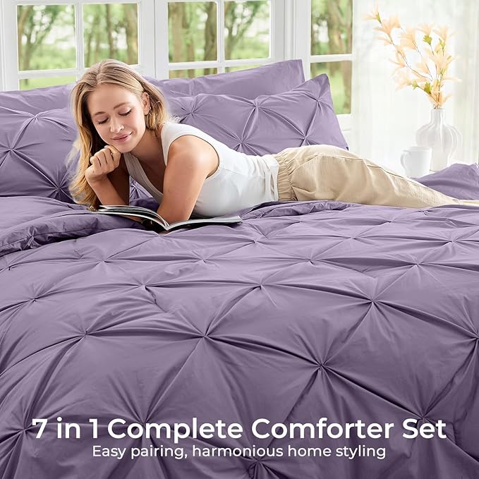 Sasttie Twin XL Comforter Set, 5-Piece Bed in a Bag, Pintuck Bedding Sets for All Season, Includes Comforter, Flat Sheet, Fitted Sheet, Pillowcase and Pillowsham, New Purple
