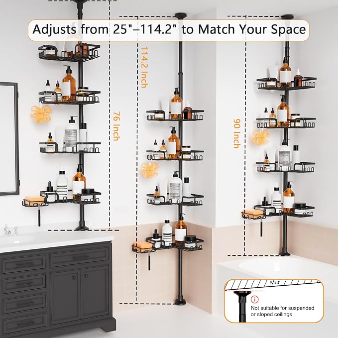 KEGII Shower Caddy Tension Pole – 4-Tier Adjustable Corner Bathroom Organizer Shelves with 2 Soap Holders, Hooks, Floor to Ceiling Storage Rack for Families & Renters, 25-114.2 Inch - Image 6