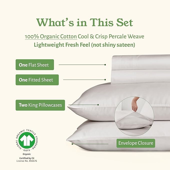 California Design Den King Size Sheet Set - 100% Organic Cotton, Crisp Percale Sheets King Size, Deep Pockets, Breathable and Durable Bedding Set - Stone (True Beige)
