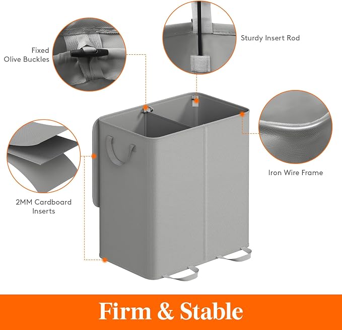 Lifewit Double Laundry Hamper with Lid and Removable Laundry Bags, Large Collapsible 2 Dividers Dirty Clothes Basket with Handles for Bedroom Laundry Room Closet Bathroom College, 136L Silver Gray - Image 2