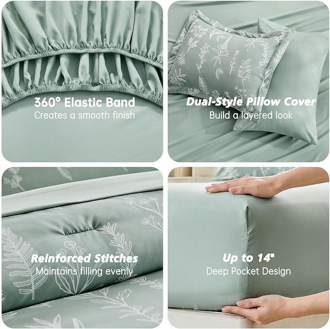 MUXHOMO Cal King Comforter Set, Sage Green Elegant Floral Print Bed in a Bag 7 Pieces, Ultra Soft & Breathable Reversible Botanical Pattern Bedding Set with Comforter, Sheets, Pillowcases, and Shams