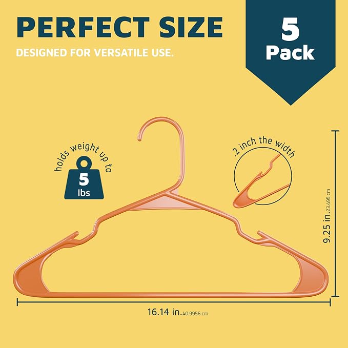 Lifemaster Plastic Clothes Hangers – Heavy Duty Hanger Set, for Organizing Clothes, Dresses, and Coat, Holds Up to 5 lbs, Space-Saving Hangers with Non-Slip Shoulder Grooves, Pack of 5, Orange - Image 2