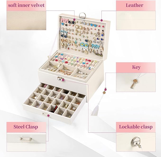 BOOVO Earring Jewelry Box For Women Girl Stud Organizer, 5 Layers Girl Jewelry Organizer Box With Lock Earring Holder Organizer Necklace Ring Jewelry Organizer Box For Girls (White, 5 layer) - Image 4