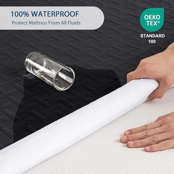 Twin Mattress Protector Waterproof - Ultrasonic Noiseless Mattress Pad with Reinforced TPU Backing, Breathable Bed Cover Fit 6"-15" Deep Pocket for Potty Training, Pets & Night Sweats, Black