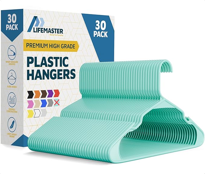 Lifemaster Plastic Clothes Hangers – Heavy Duty Hanger Set, for Organizing Clothes, Dresses, and Coat, Holds Up to 5 lbs, Space-Saving Hangers with Non-Slip Shoulder Grooves, Pack of 30, Aqua by LIFEMASTER