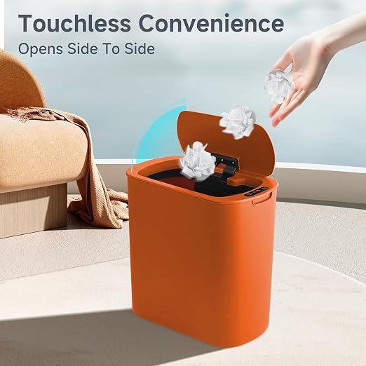 TIPGO Automatic Motion Sensor Bathroom Trash Can with Lid, 2.6 Gallon Touchless Trash Bin, Smart Garbage Can Plastic Slim Wastebasket for Bedroom, Office, Dorm (Orange) - Image 2
