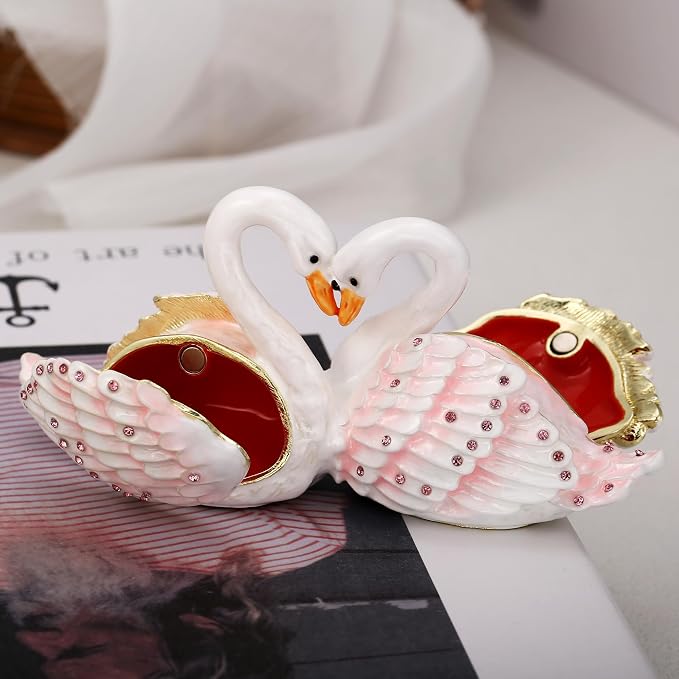 Hand Painted Animal Trinket Box for Home Decor, Hinged Jewelry Organizer Storage, Unique Personalized Collectible Keepsake Figurine Handmade Decorative Ornament Gifts (Swan Couple) - Image 3