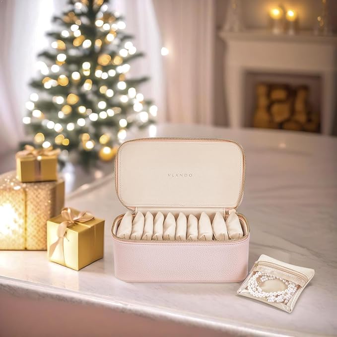 VLANDO Travel Jewelry Box Organizer – Portable PU Leather Jewelry Case with 6/8/12 Zippered Pouches, Compact Storage for Earrings Rings Necklaces Bracelets, Rosy Mauve - Image 6