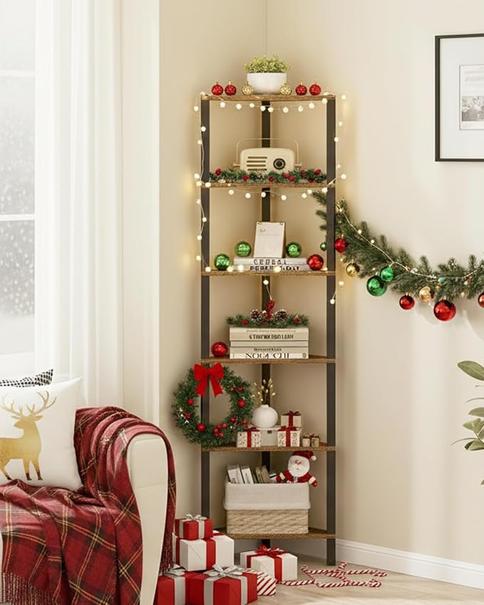 TUTOTAK Corner Shelf, 6-Tier Corner Bookshelf for Small Space, Narrow Display Corner Shelf Stand with Storage Rack, for Living Room, Bedroom, Rustic Brown BS05BB006 - Image 8