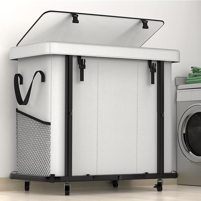 60 Gal(230L) High Grade Large Laundry Basket with Wheels, Rolling Laundry Hamper, Laundry Cart with Metal Frame and Removable Bag Design, Suitable for Laundry Room,Bedroom (White, 3 Section 230L) by Unlockyourhomestoragelife