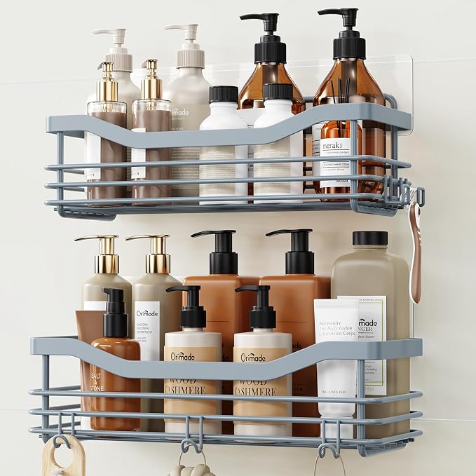 Orimade Shower Caddy Basket Shelf Storage Rack, No Drilling Wall Mounted Adhesive Rust Resistant Stainless Steel Shower Organizer with 5 Hooks for Bathroom, Light Blue Grey 2 Pack by Orimade