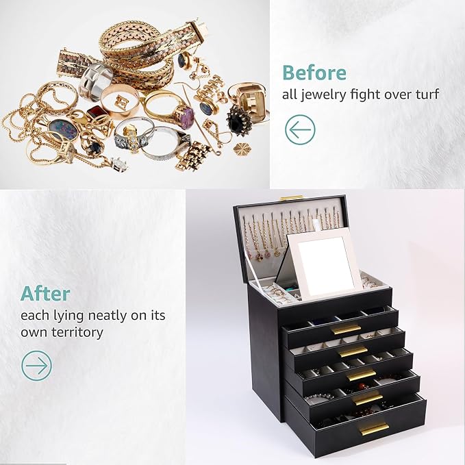 BOOVO Jewelry Boxes for Women, White and Black 6 Layer Large Jewelry Box for Necklace, Bracelet, Earrings, Rings Storage, Jewelry holder Organizer for Girls Gift (Black and Gold, 6 layer) - Image 6