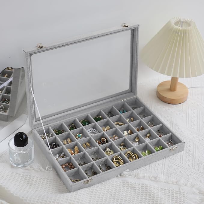 Stratalife Jewelry Organizer 40 Grid Jewelry Tray with Lid Dust-proof Velvet Earring Organizer Ring Holder Necklaces Earrings Storage Drawer Accessories Box for Women Gray - Image 6
