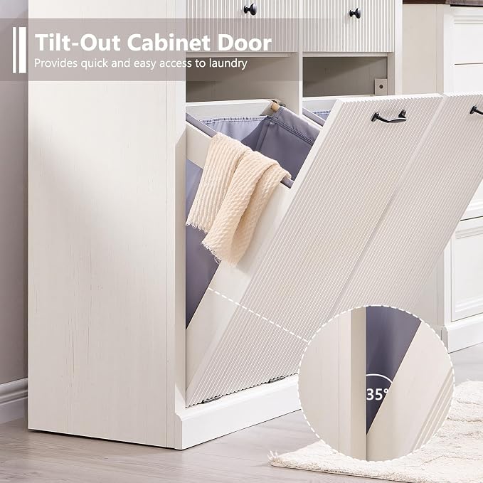 IFBUY Modern Double Tilt-Out Laundry Hamper Cabinet, 20 Gallon Fluted Trash Can Cabinet w/2 Drawers, Wooden Hidden Garbage Can Cabinets with Laundry Basket, for Bathroom and Kitchen, Antique White - Image 4